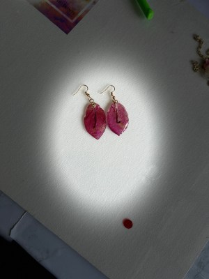 Resin Earrings, handmade with pressed bougainvillea flower petals with golden hoops