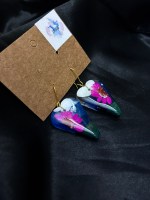 Resin pink flower hanging earrings with golden hoops