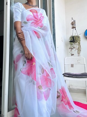 Organza Saree Handpainted Water Flowers