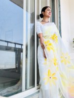 Organza Saree Handpainted sunflowers yellow