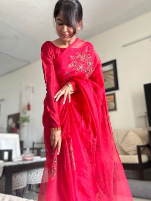 Organza Saree Handpainted Red