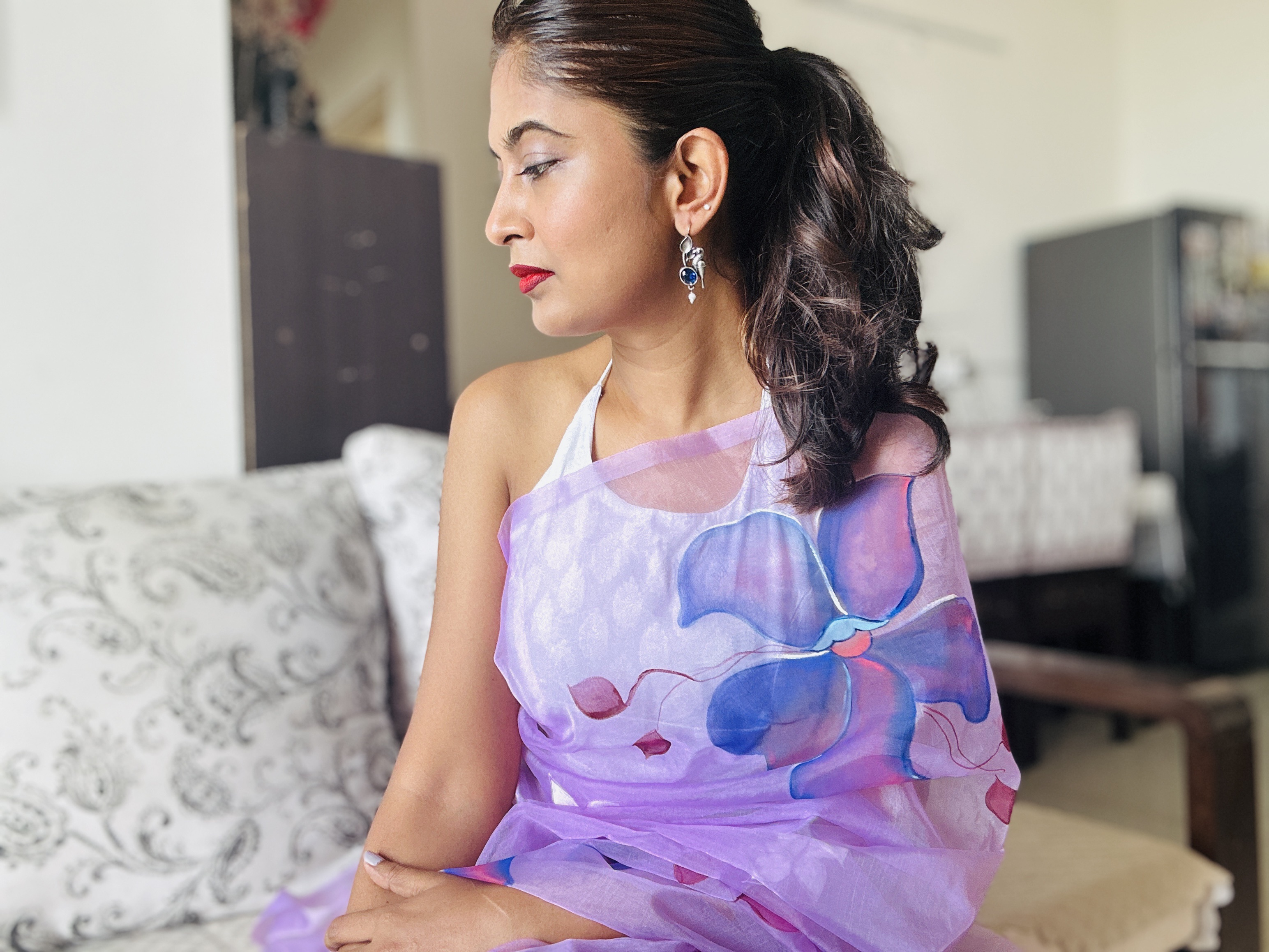 Organza Saree Lavender Big Flowers 6 Organza Saree Lavender Big Flowers - Image 6
