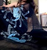 Organza Saree Black Blue Silver Kalamkari