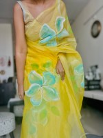 Organza Saree Yellow Big Blue Flowers