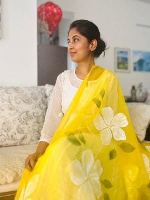 Organza Dupatta Yellow Floral