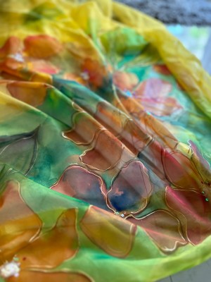 Organza Dupatta Yellow heavy work Multicolor