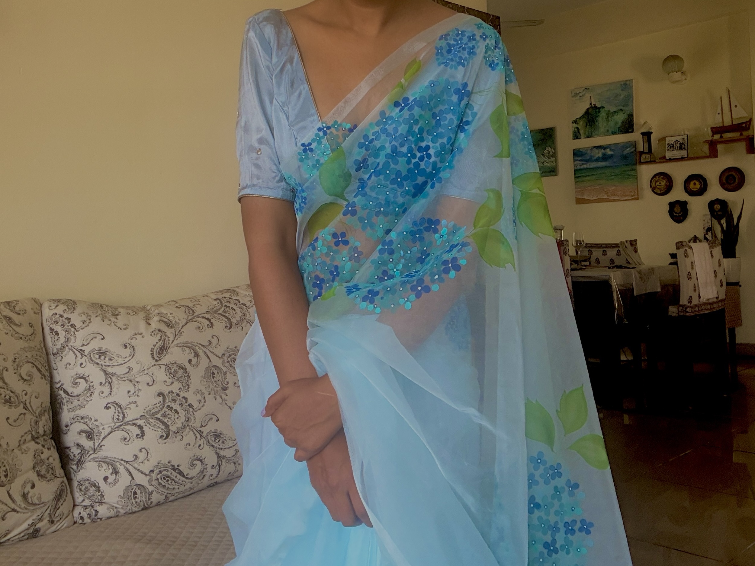 Organza Saree Hand painted Blue hydrengeas 1 Organza Saree Hand painted Blue hydrengeas