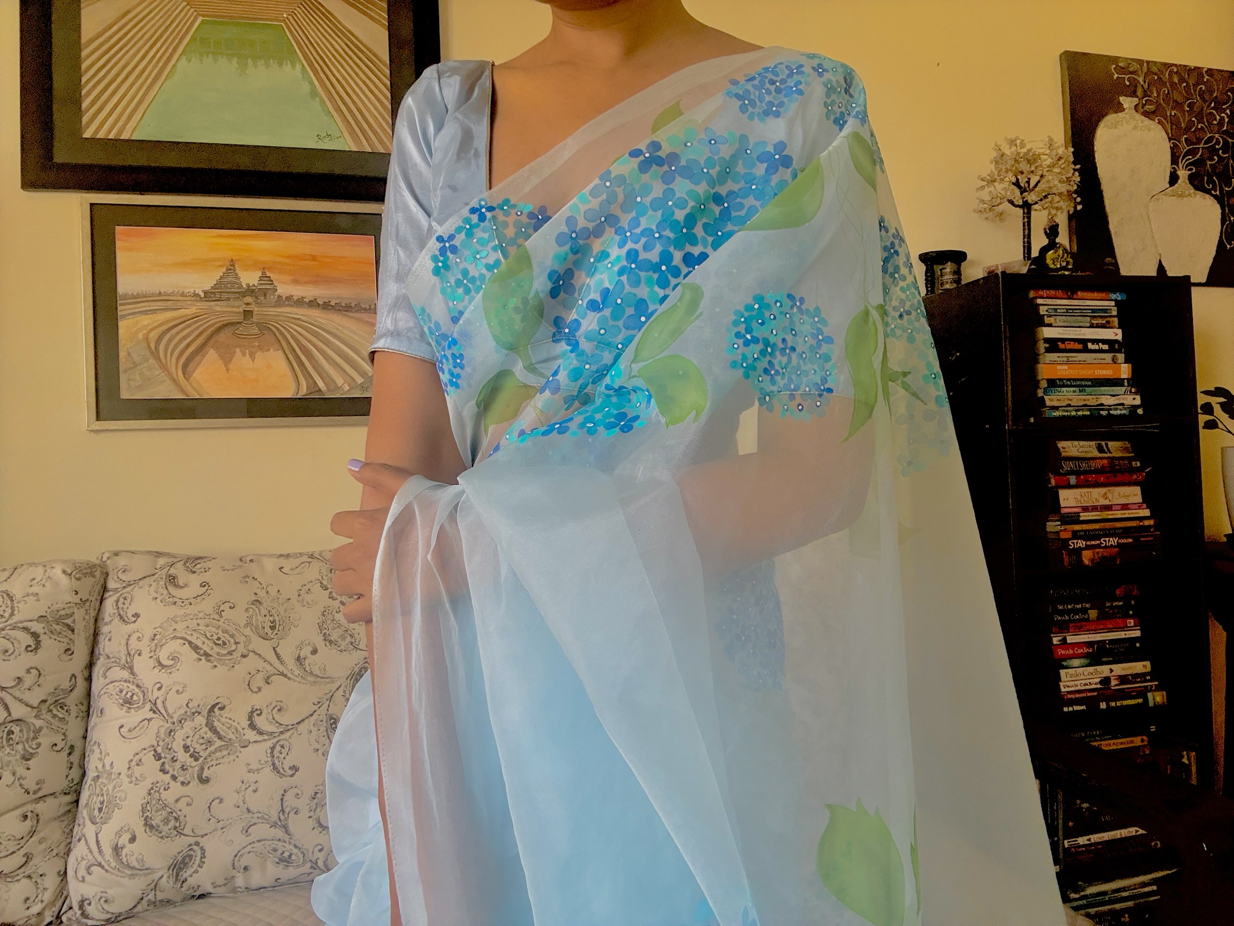 Organza Saree Hand painted Blue hydrengeas 2 Organza Saree Hand painted Blue hydrengeas - Image 2