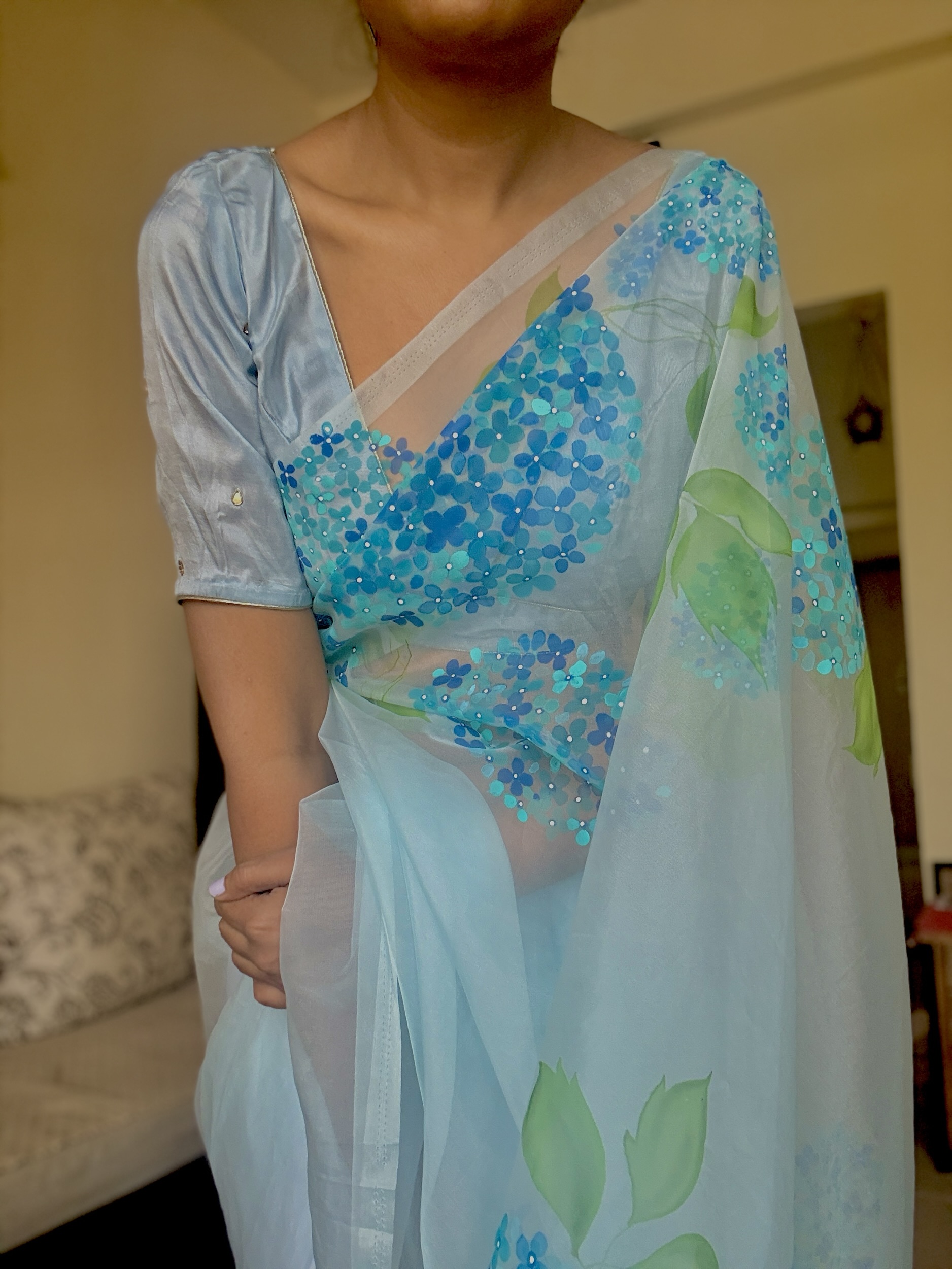 Organza Saree Hand painted Blue hydrengeas 5 Organza Saree Hand painted Blue hydrengeas - Image 5
