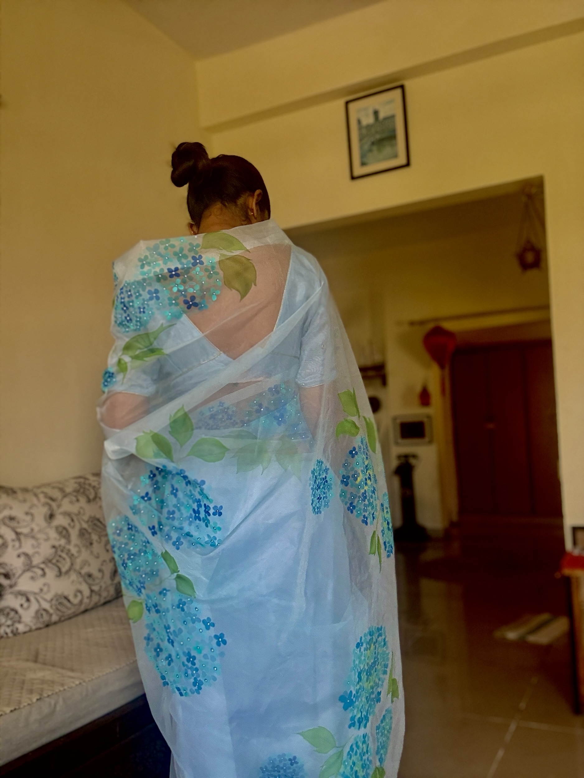 Organza Saree Hand painted Blue hydrengeas 3 Organza Saree Hand painted Blue hydrengeas - Image 3