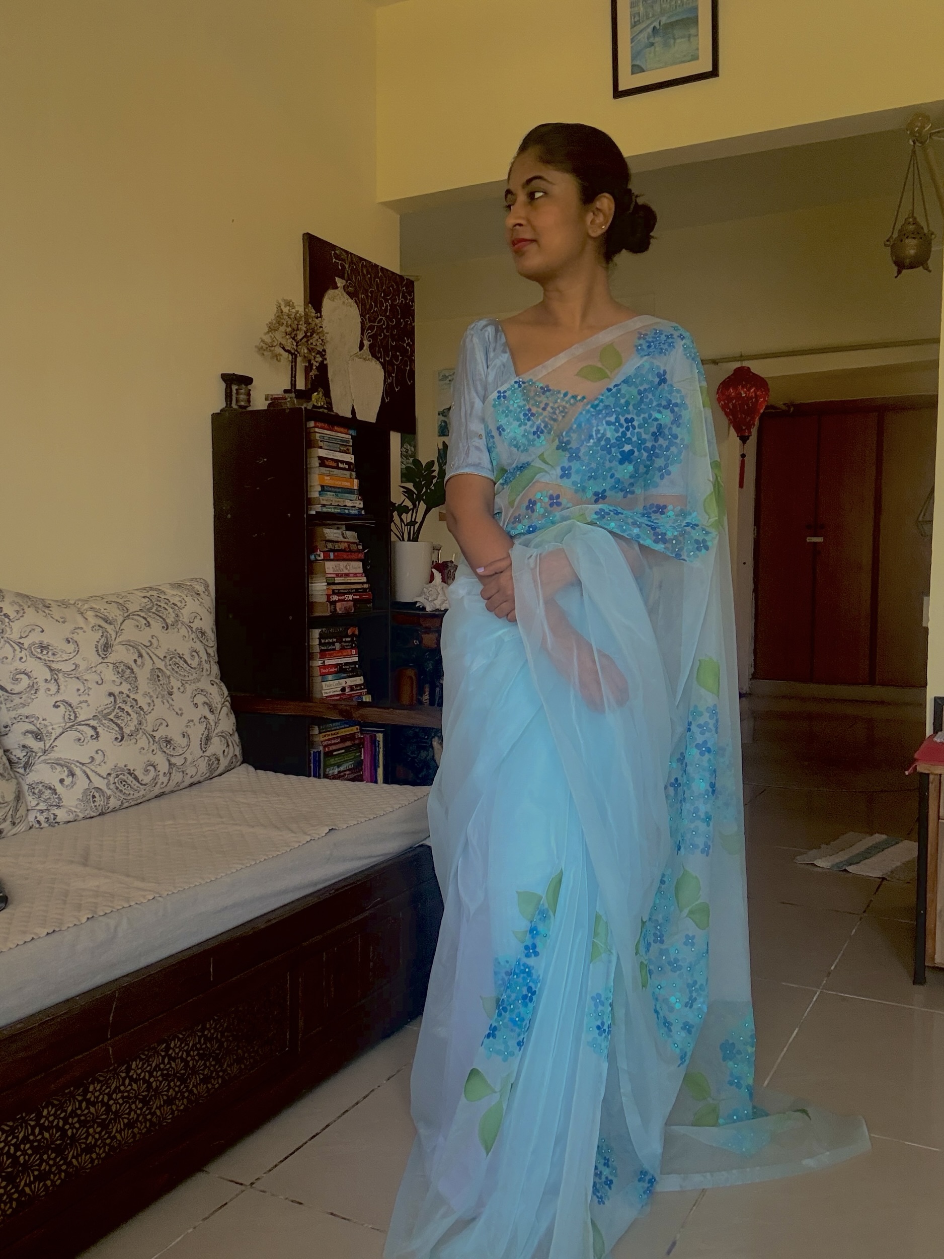 Organza Saree Hand painted Blue hydrengeas 4 Organza Saree Hand painted Blue hydrengeas - Image 4