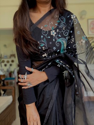 Organza Saree Black Teal Silver Kalamkari