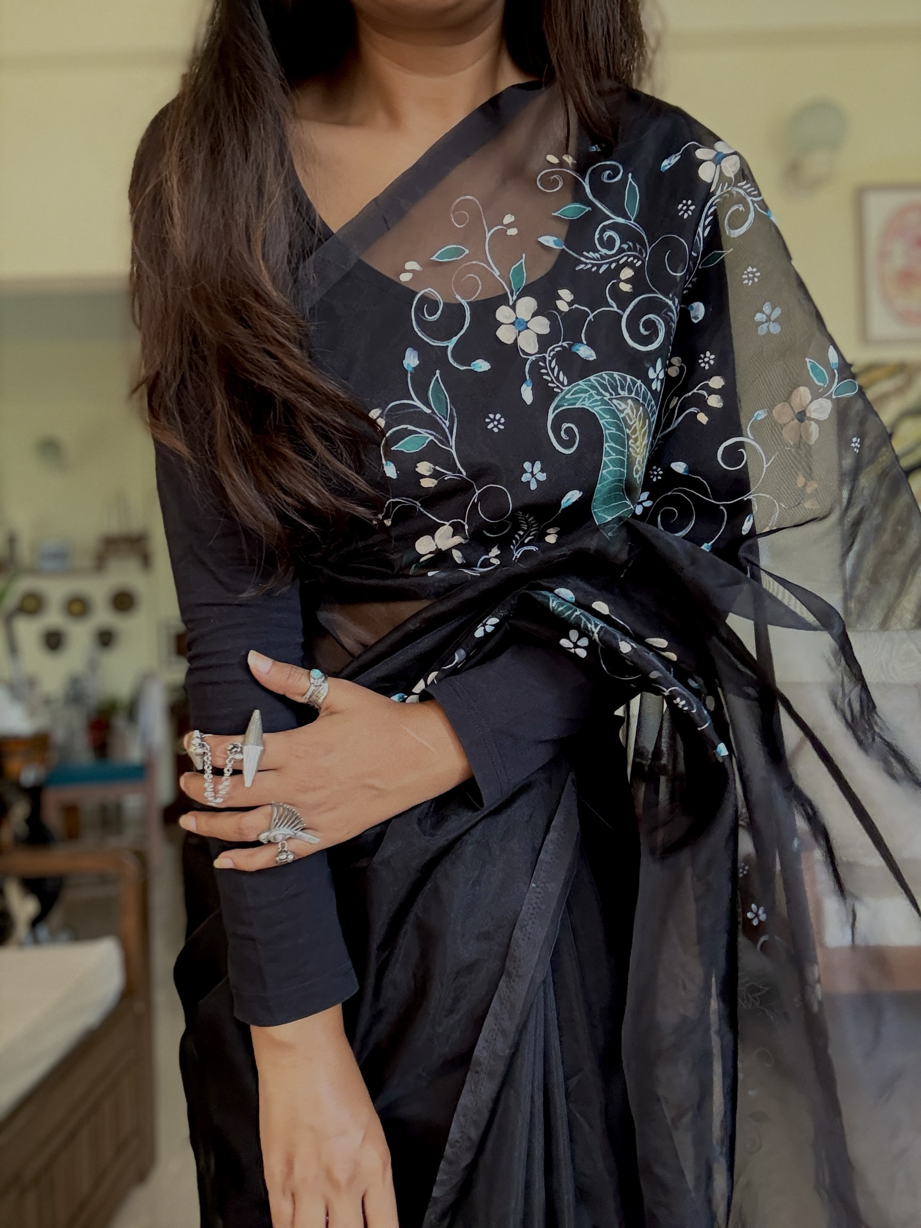 Organza Saree Black Teal Silver Kalamkari 1 Organza Saree Black Teal Silver Kalamkari