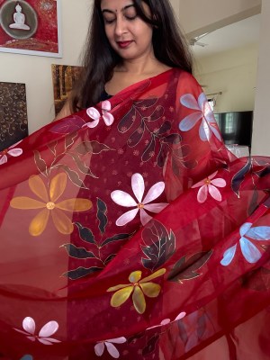 Organza Dupatta Red Flower garden