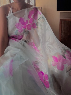 Organza Saree Hand painted Light Blue Floral Saree