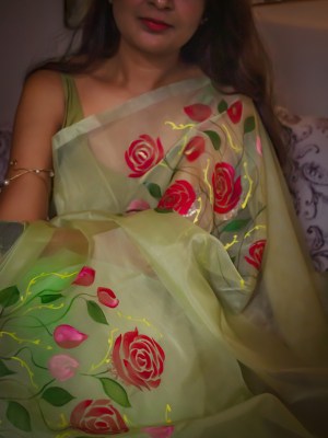 Organza Saree Hand painted Olive Green with Red Roses
