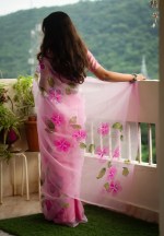 Organza Saree Hand painted Pink Saree with Lavender Flowers