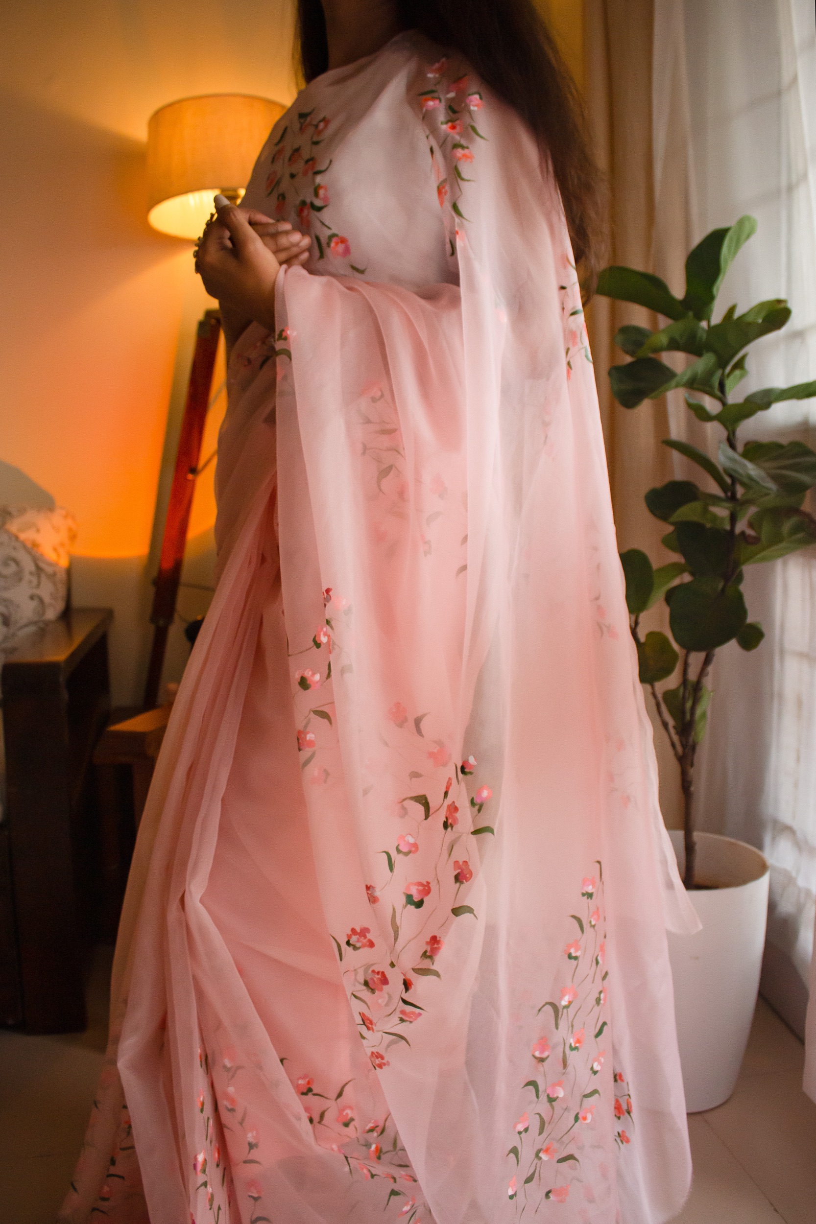 Organza Saree Hand Painted Pastel Peach with intricate cluster flowers
