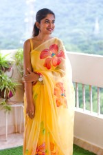 Organza Saree Hand painted Yellow Saree With Red Flowers