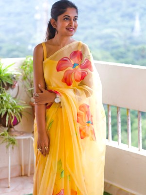 Organza Saree Hand painted Yellow Saree With Red Flowers