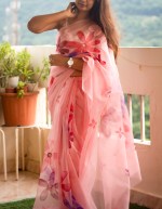 Organza Saree Hand painted Pink Floral Saree