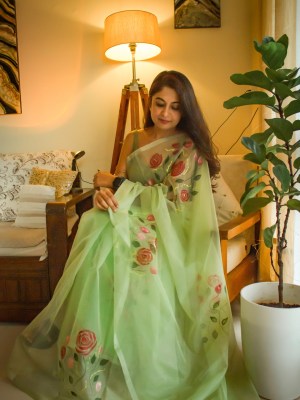Organza Saree Hand painted Olive Green with Red Roses