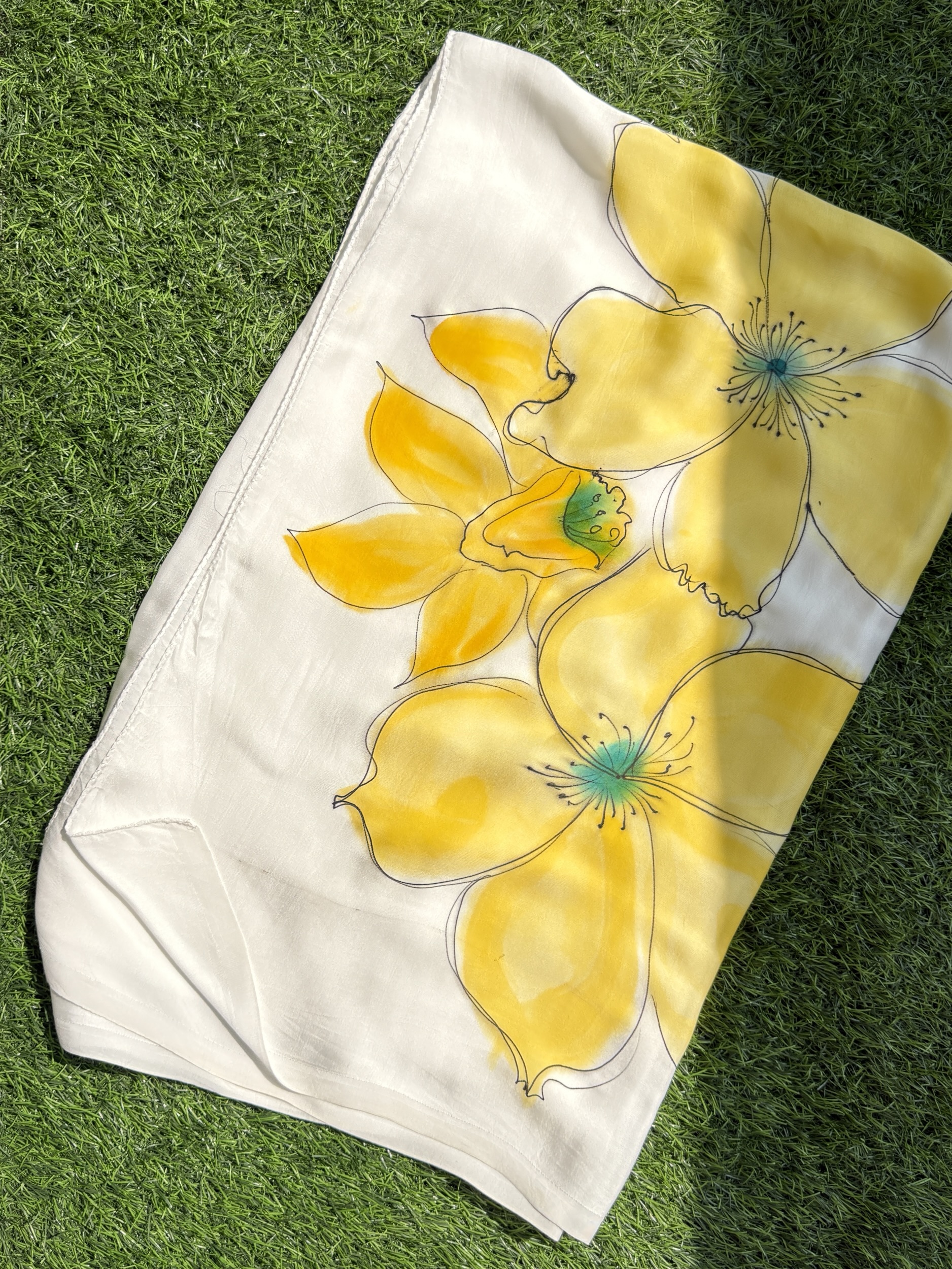 Hand painted Silk Scarf- Japanese silk yellow flowers 2 Hand painted Silk Scarf- Japanese silk yellow flowers - Image 2
