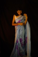Sky blue Mangalagiri hand painted saree with pink floral design