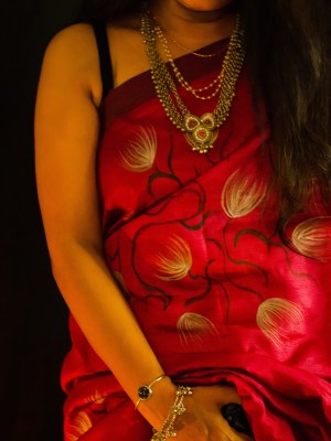 Mangalagiri Hand Painted Saree | Dark Red with Silver Flowers